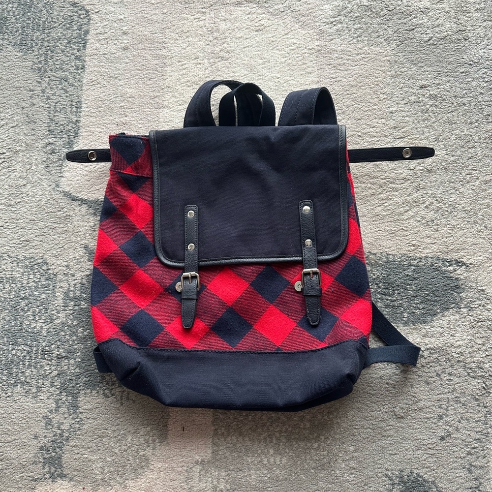 Lands End Red Black Buffalo Check Flannel Canvas Backpack